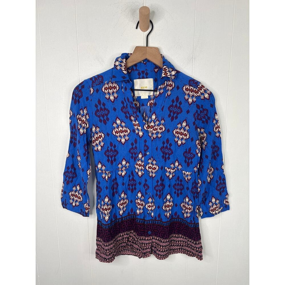 2 FOR $30 | Maeve Woodland Walk Aztec Button Down Top Size 0 Blue Western - Picture 2 of 7